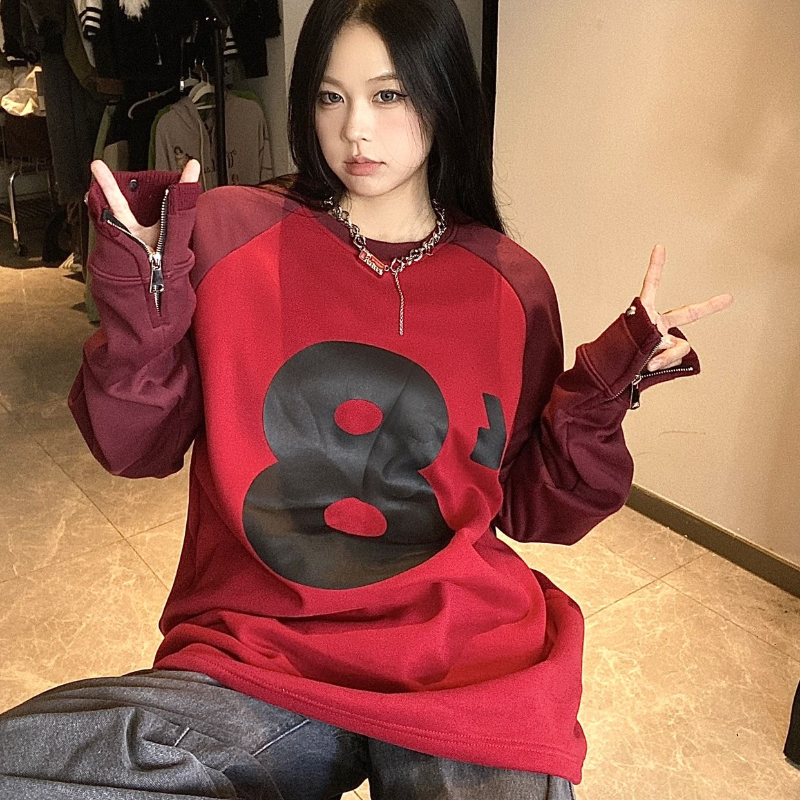Cuff Rivet Design Loose Round Neck Sweater Image 5