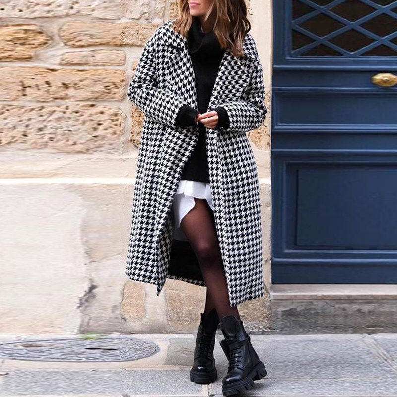 Women's British Style Houndstooth Print Long Coat - Image 1