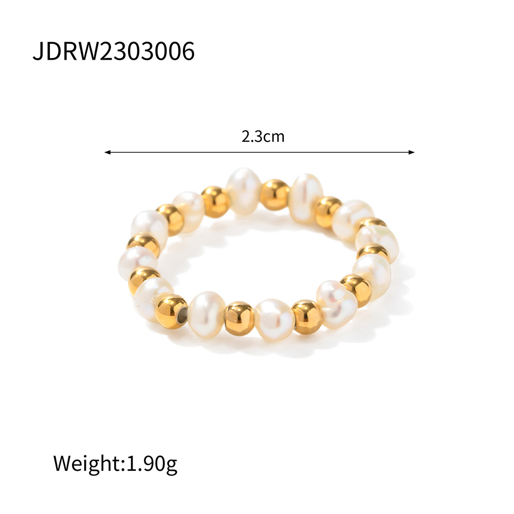 Women's 18K Gold Non-fading Pearl Stretch Beads String Ring 6