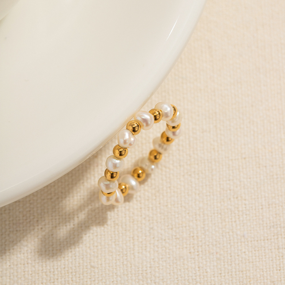 Women's 18K Gold Non-fading Pearl Stretch Beads String Ring 4