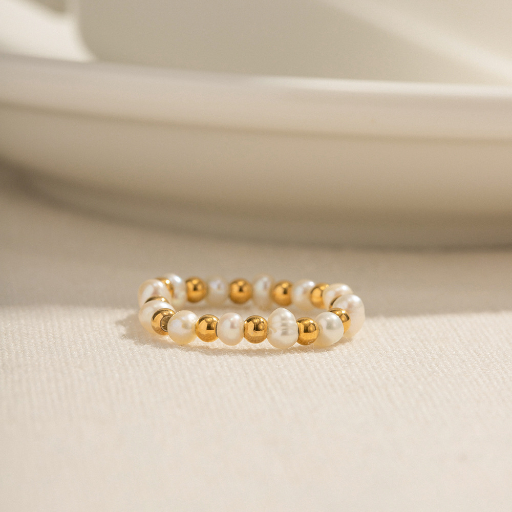 Women's 18K Gold Non-fading Pearl Stretch Beads String Ring 2