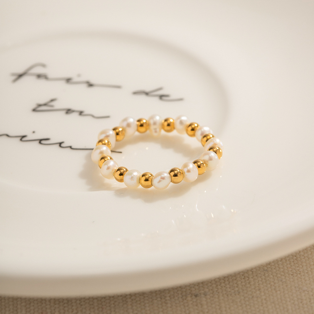 Women's 18K Gold Non-fading Pearl Stretch Beads String Ring 3