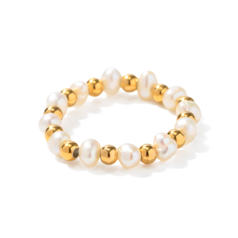 Women's 18K Gold Non-fading Pearl Stretch Beads String Ring 5