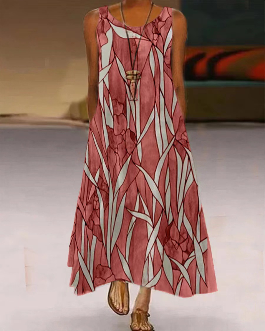 Women's Printed Pocket Round Neck Long Skirt - Back View