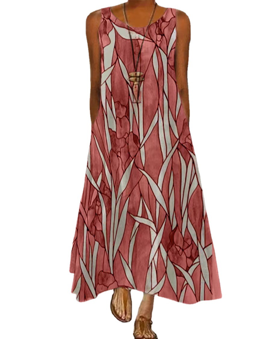 Women's Printed Pocket Round Neck Long Skirt - Color Options