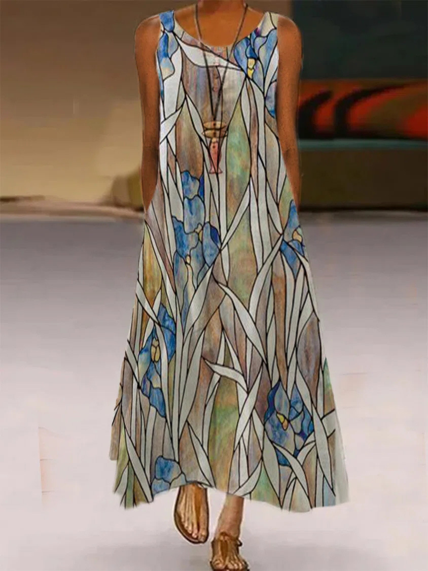 Women's Printed Pocket Round Neck Long Skirt - Flowing Design