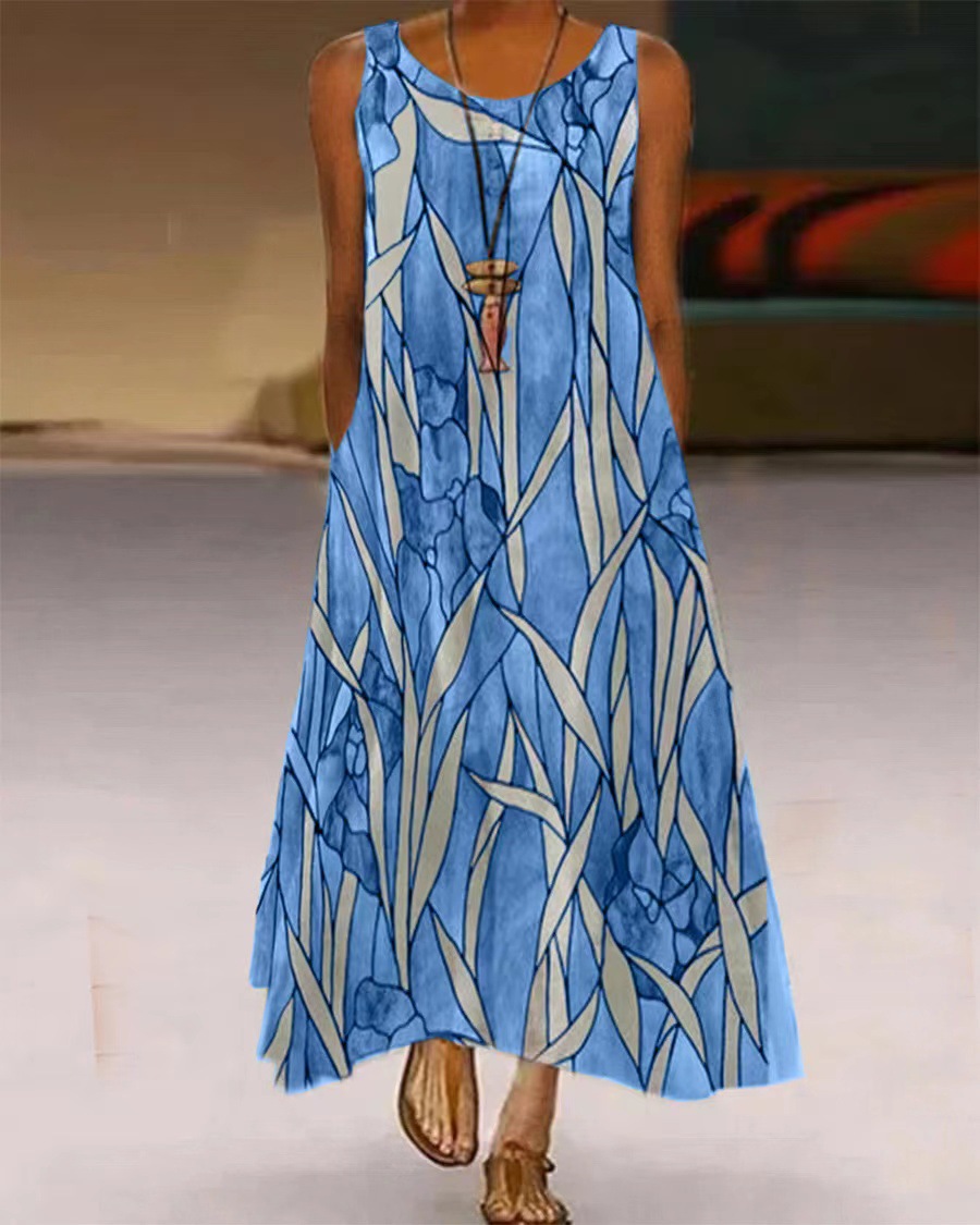 Women's Printed Pocket Round Neck Long Skirt - Detail