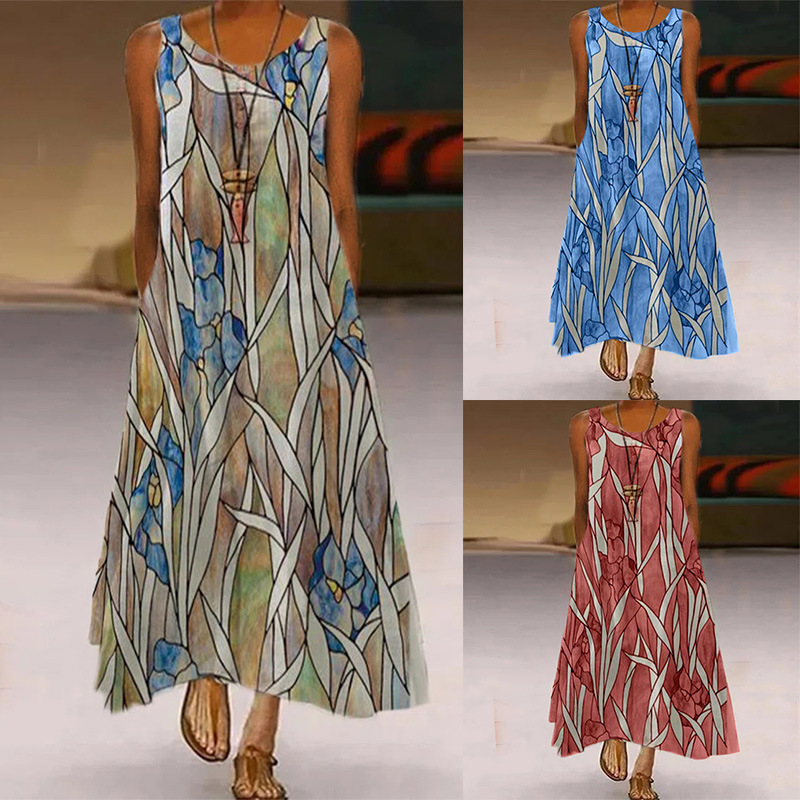 Women's Printed Pocket Round Neck Long Skirt - Model Wearing