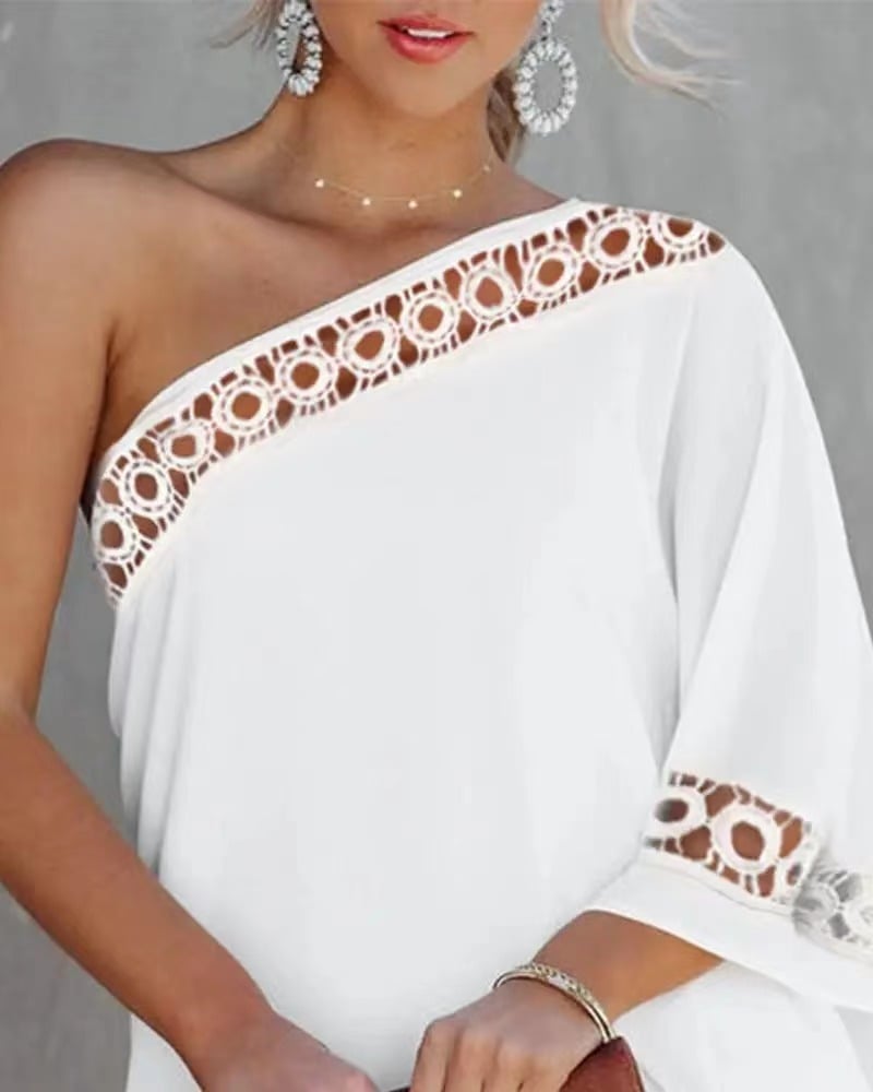 Half Off-shoulder Lace Trim Solid Color Dress 6