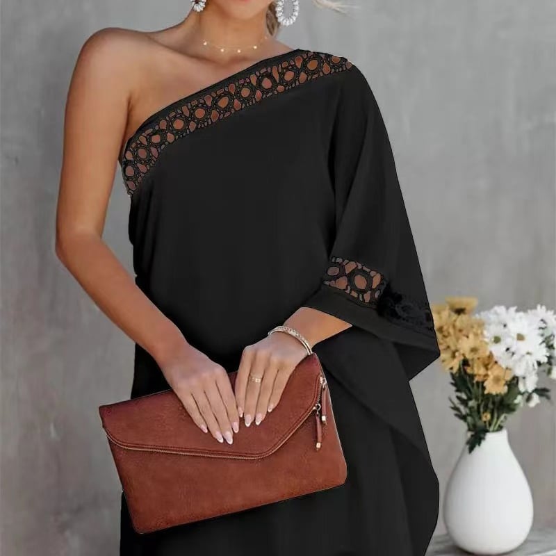 Half Off-shoulder Lace Trim Solid Color Dress 3
