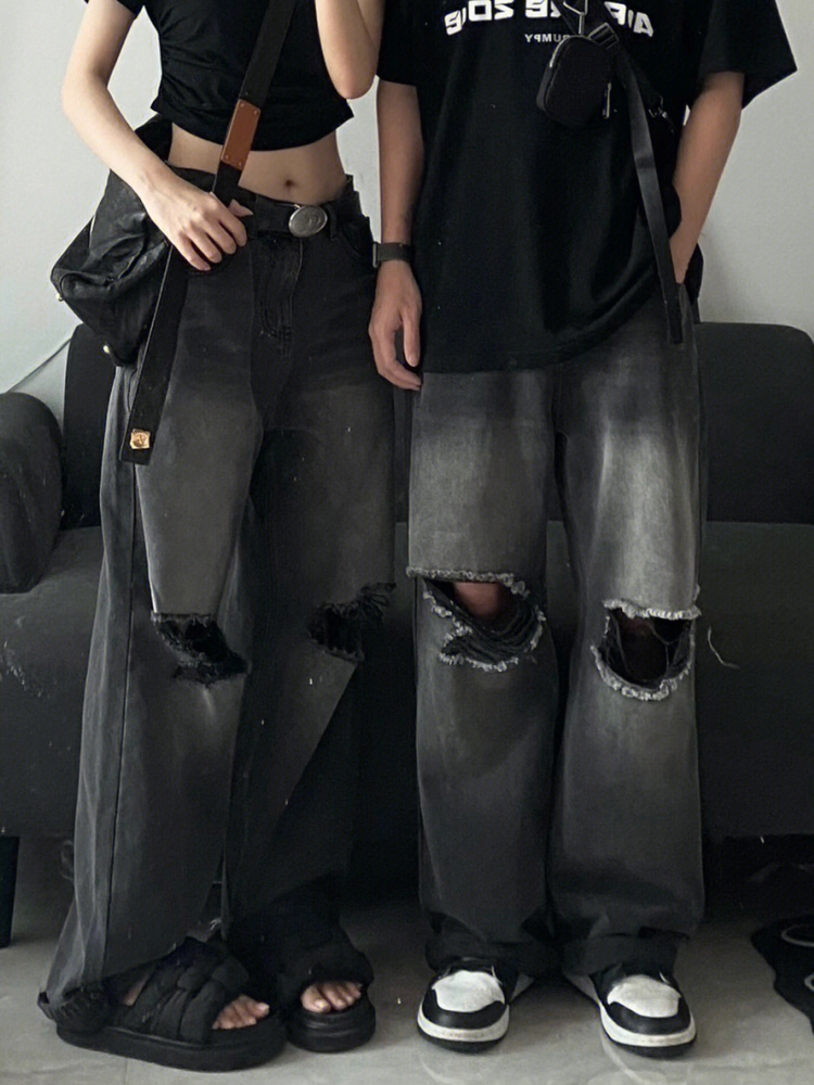 Couple fashion with Black Washed Worn-out Jeans