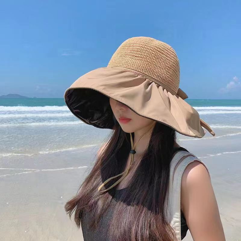 Black Rubber Female UV Protection Face Cover Folding Sun Hat Style