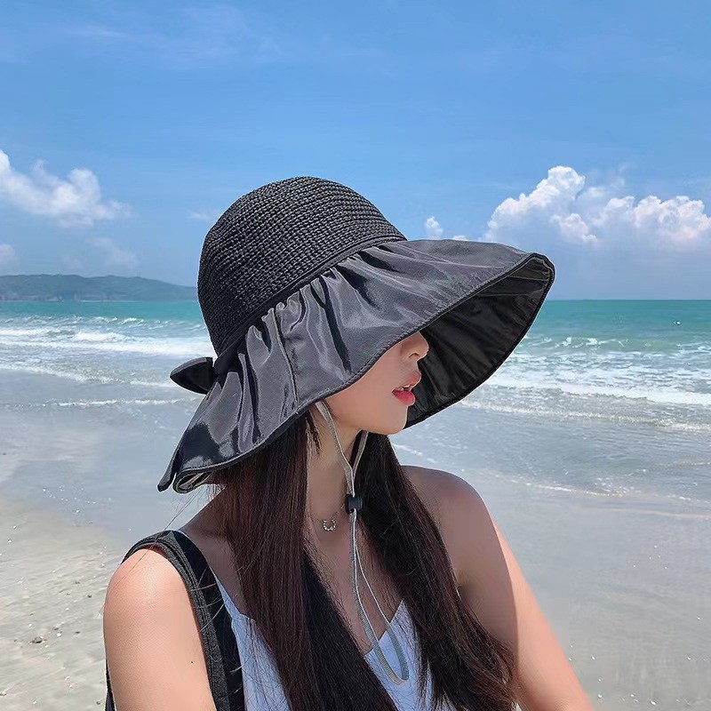 Black Rubber Female UV Protection Face Cover Folding Sun Hat Colors