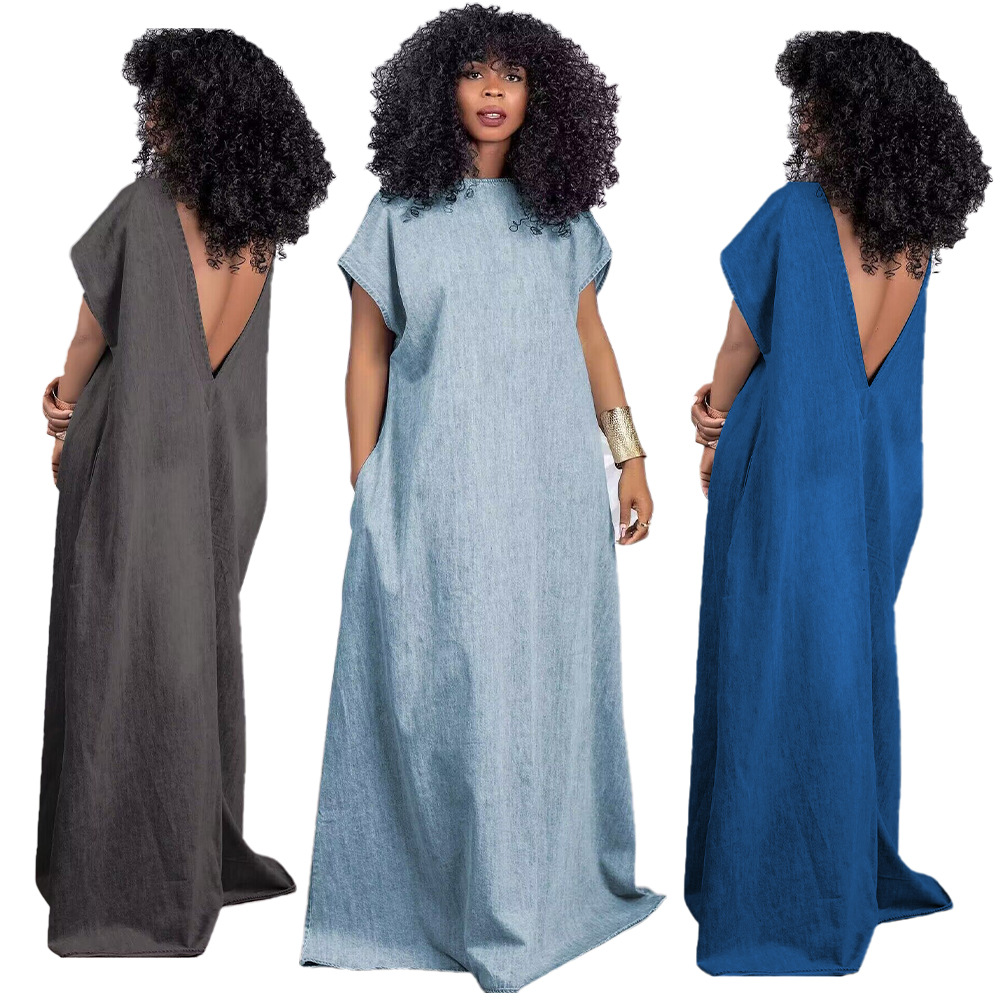 Women's Denim Retro Dress - Navy Blue