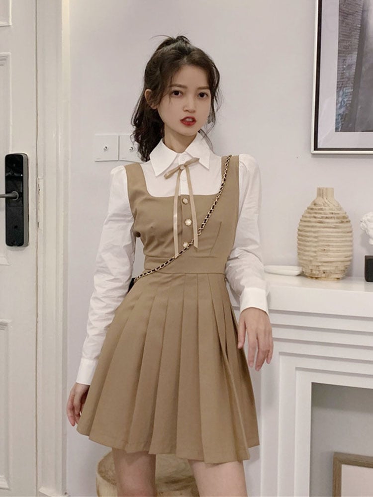 Pleated Shirt Dress in Brown
