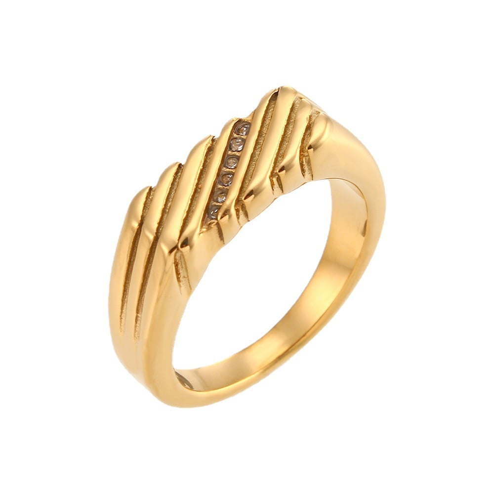 18K Gold Diagonal Stripe Inlaid Zircon Rectangular Ring - Image 5