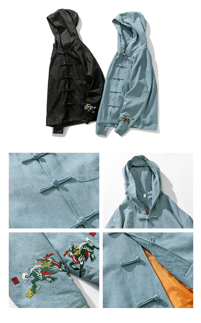 Men's Japanese Casual Denim Hooded Jacket - Side View