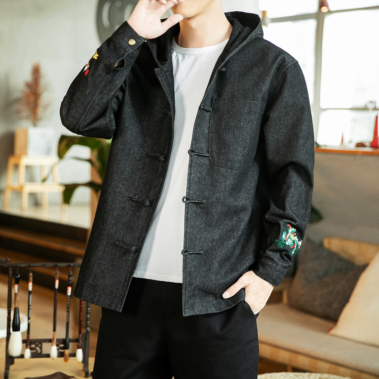 Men's Japanese Casual Denim Hooded Jacket - Back View