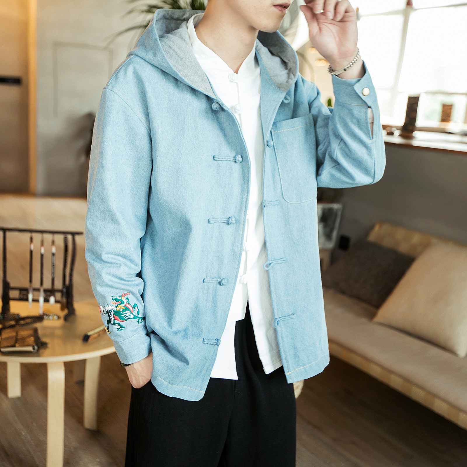 Men's Japanese Casual Denim Hooded Jacket in Black