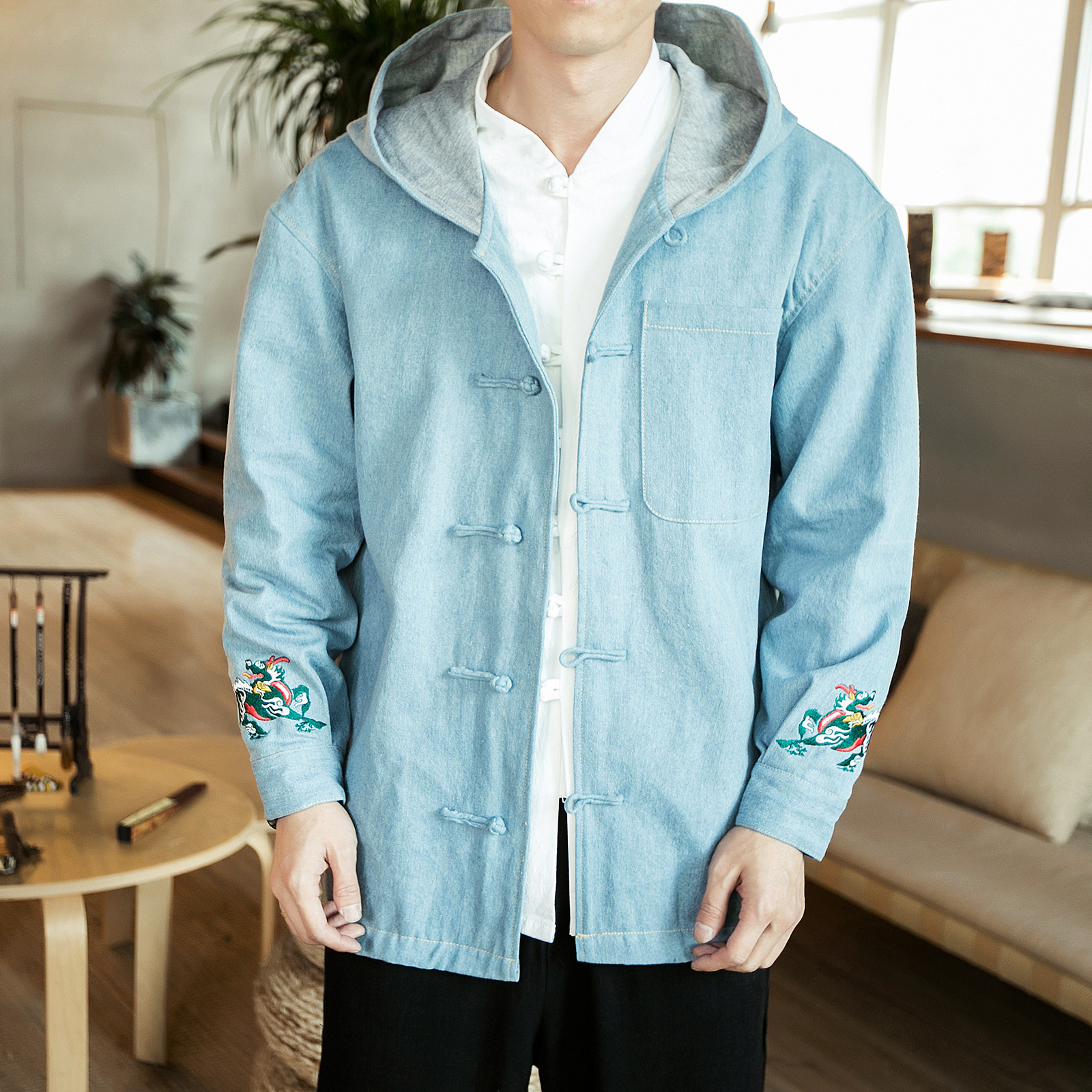 Men's Japanese Casual Denim Hooded Jacket - Front View