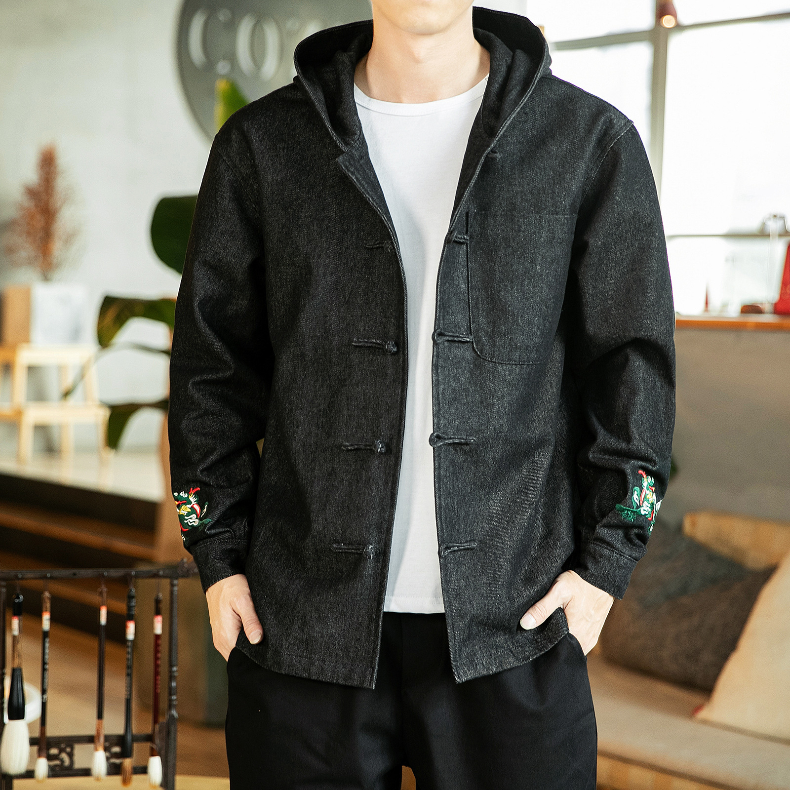 Men's Japanese Casual Denim Hooded Jacket in Light Blue