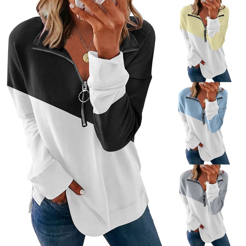Women's Contrast Color Zipper Pullover Sweater - Image 8