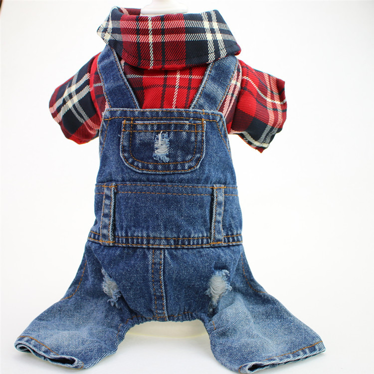 Dog in red plaid jumpsuit