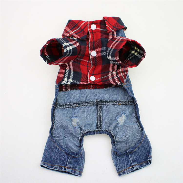 Dog in plaid denim jumpsuit