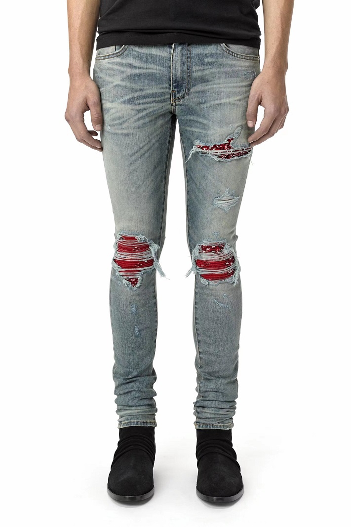 Red Printed Pleated Elastic Light Colored Jeans - Image 14