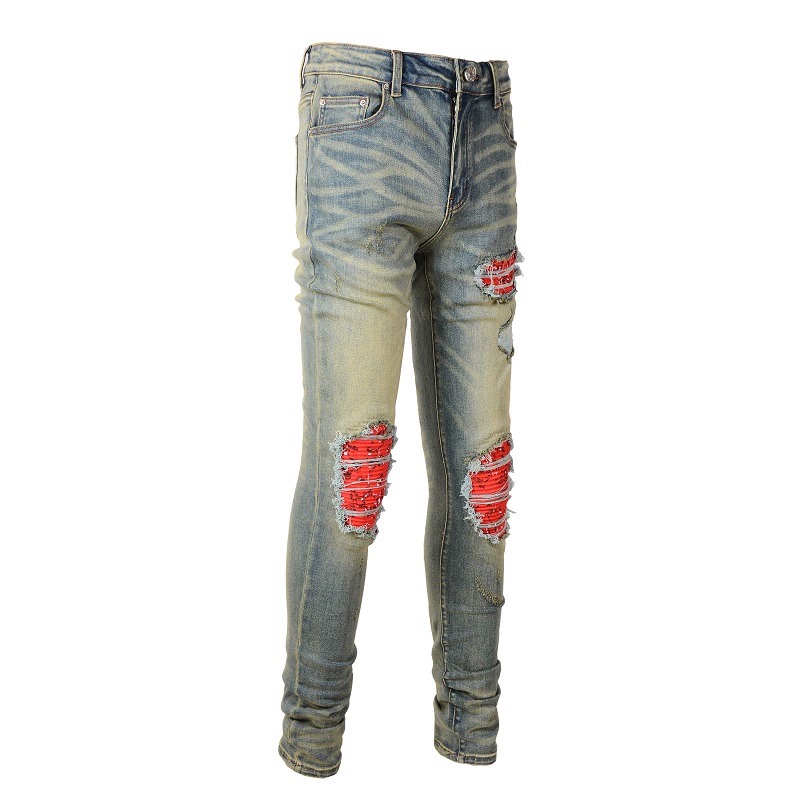 Red Printed Pleated Elastic Light Colored Jeans - Image 11