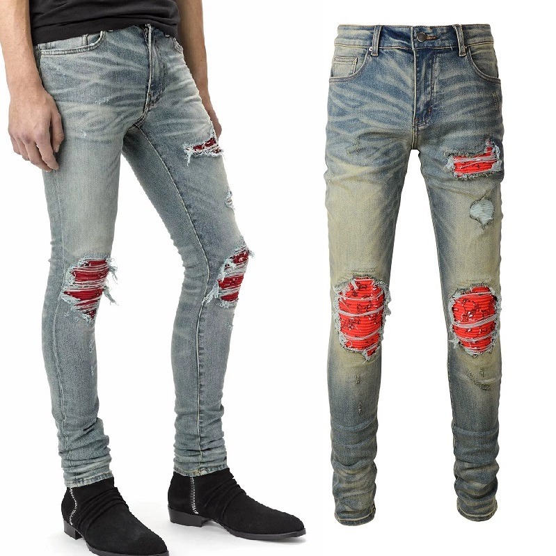 Red Printed Pleated Elastic Light Colored Jeans - Image 13