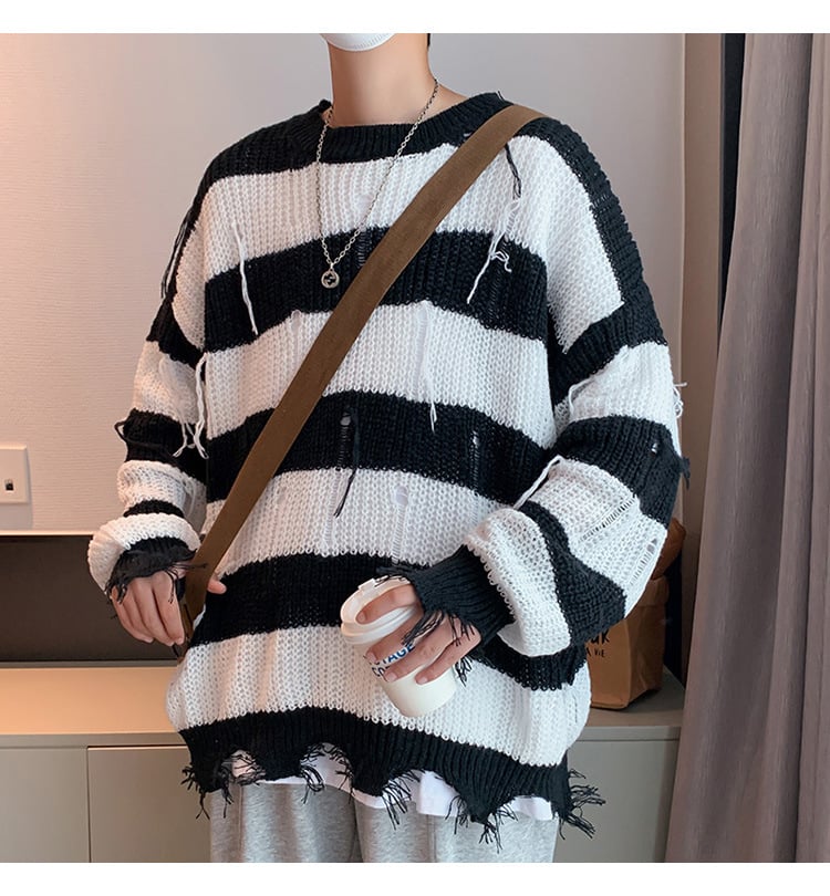 Men Ripped Fringe Striped Sweater 9