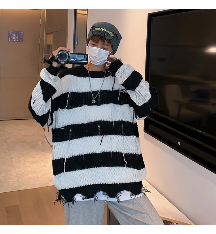 Men Ripped Fringe Striped Sweater 5