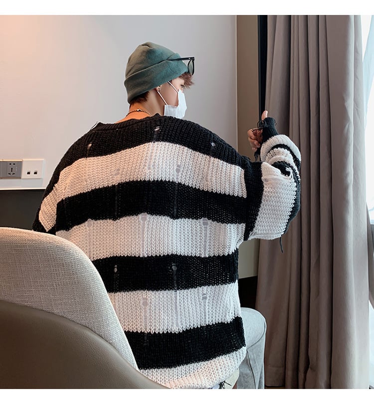 Men Ripped Fringe Striped Sweater 10