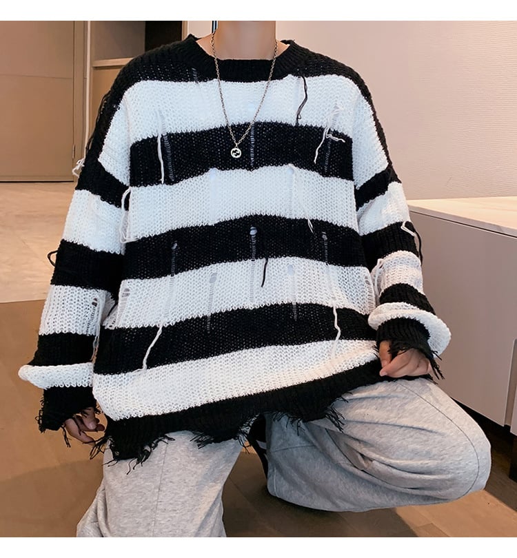 Men Ripped Fringe Striped Sweater 3