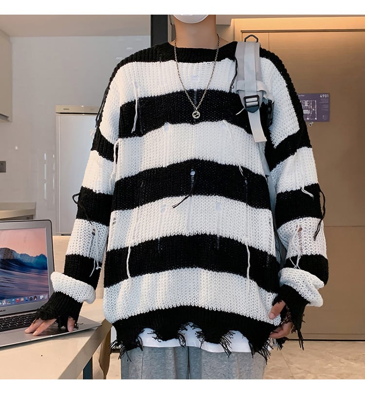 Men Ripped Fringe Striped Sweater 1
