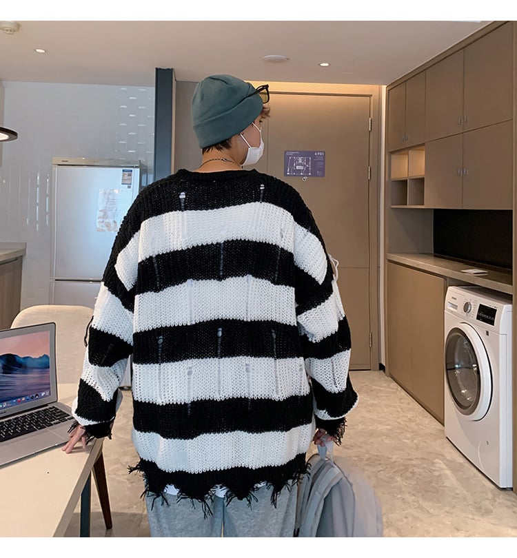 Men Ripped Fringe Striped Sweater 2