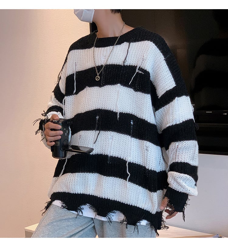 Men Ripped Fringe Striped Sweater 6