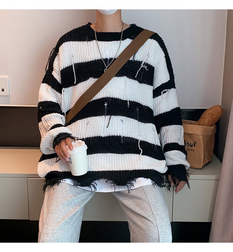 Men Ripped Fringe Striped Sweater 8