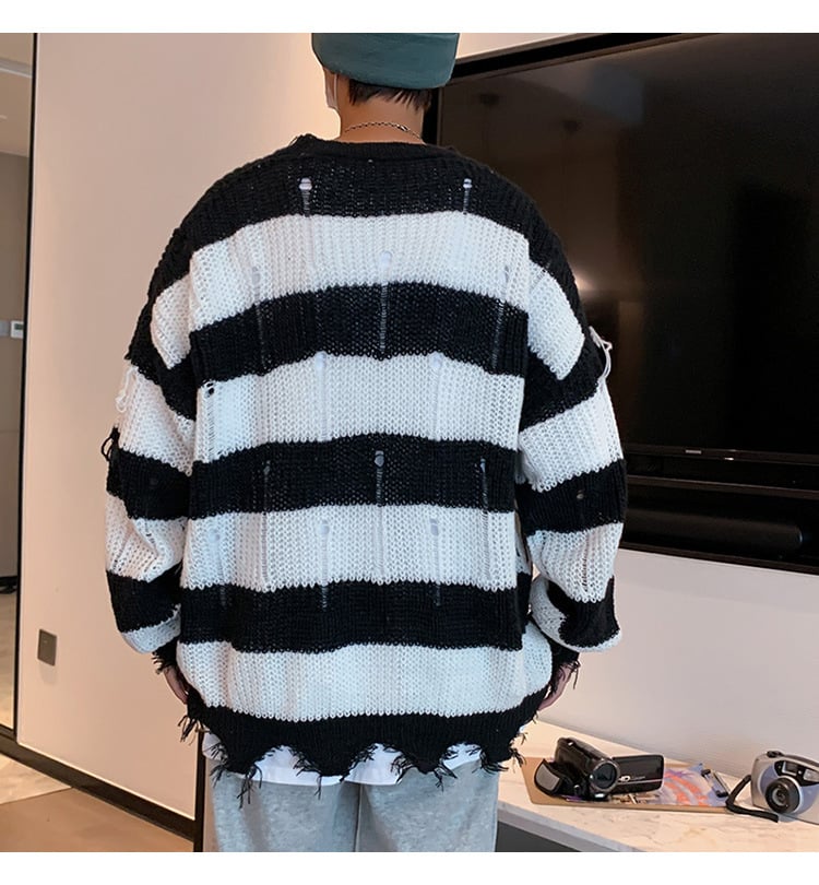 Men Ripped Fringe Striped Sweater 7