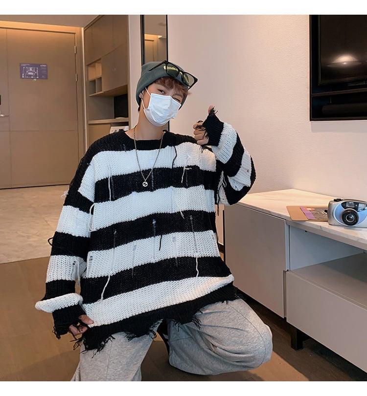 Men Ripped Fringe Striped Sweater 4
