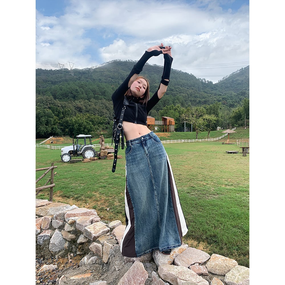 American Retro Denim Stitching Skirt Image 4