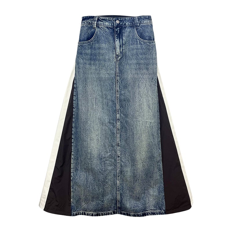 American Retro Denim Stitching Skirt Image 2