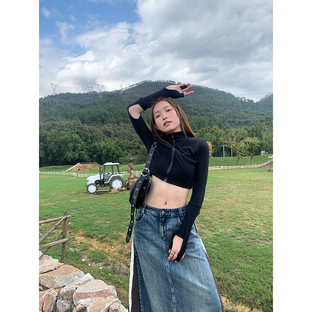 American Retro Denim Stitching Skirt Image 3