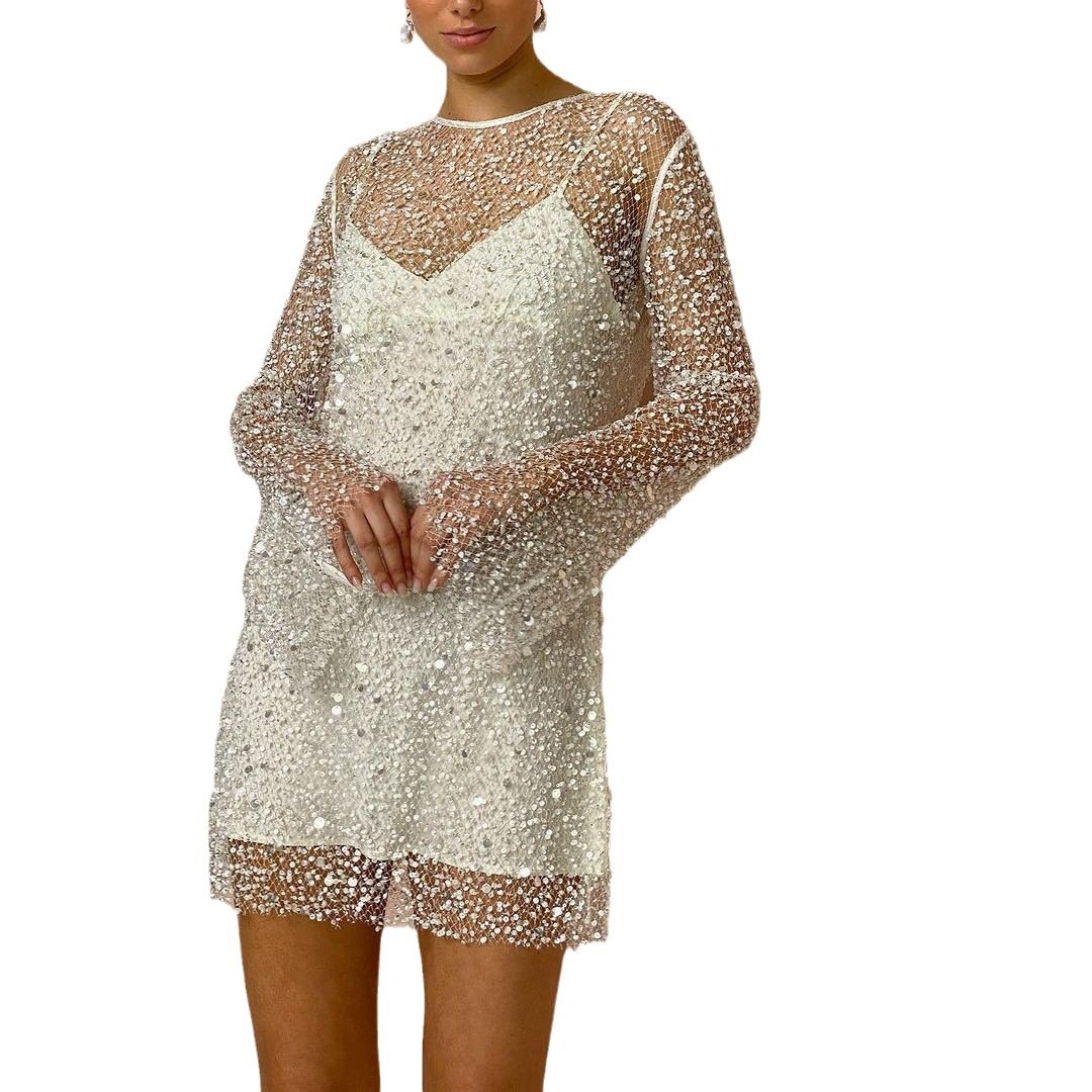Foam Beads See-through Mesh Two-piece Set Sling Dress - Image 4