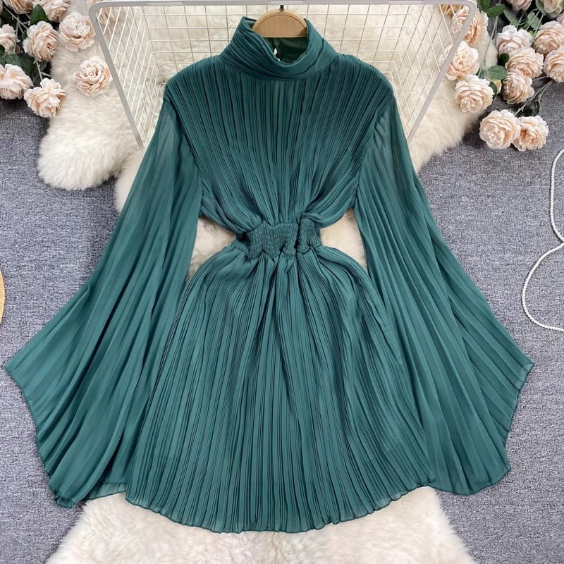 Pleated Flared Sleeve Turtleneck Dress Image 2
