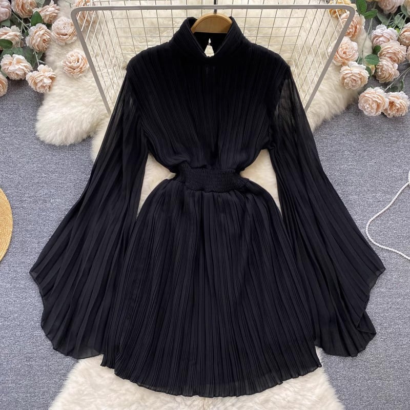 Pleated Flared Sleeve Turtleneck Dress Image 5