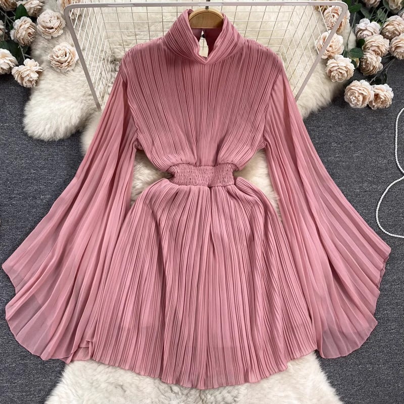 Pleated Flared Sleeve Turtleneck Dress Image 4