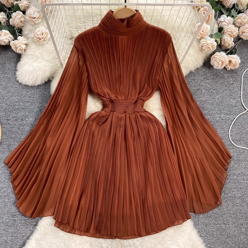 Pleated Flared Sleeve Turtleneck Dress Image 6