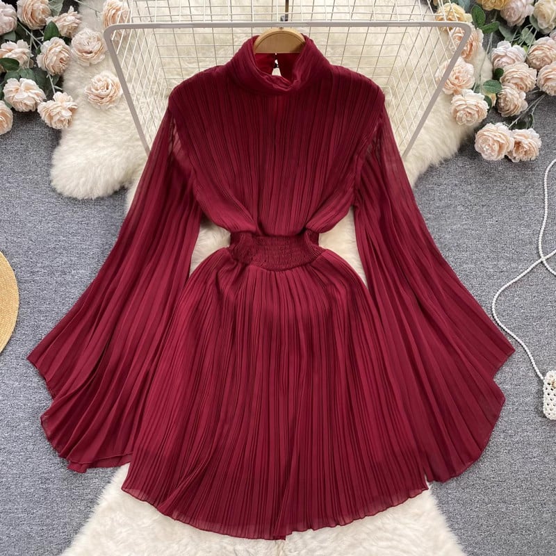 Pleated Flared Sleeve Turtleneck Dress Image 1